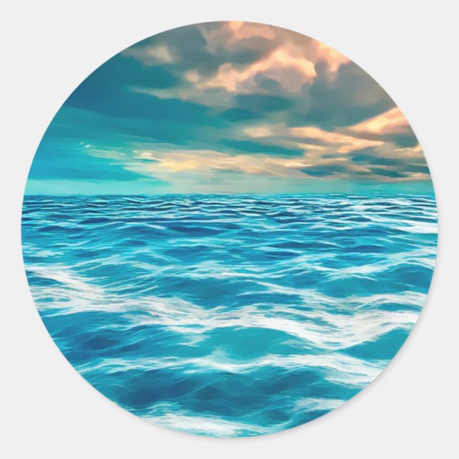Sticker Rond Blue Ocean Seascape Ciel nuageux peinture numériqu (Devant)