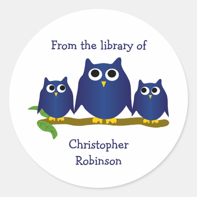 Sticker Rond Blue Owls Design Bookplate (Devant)