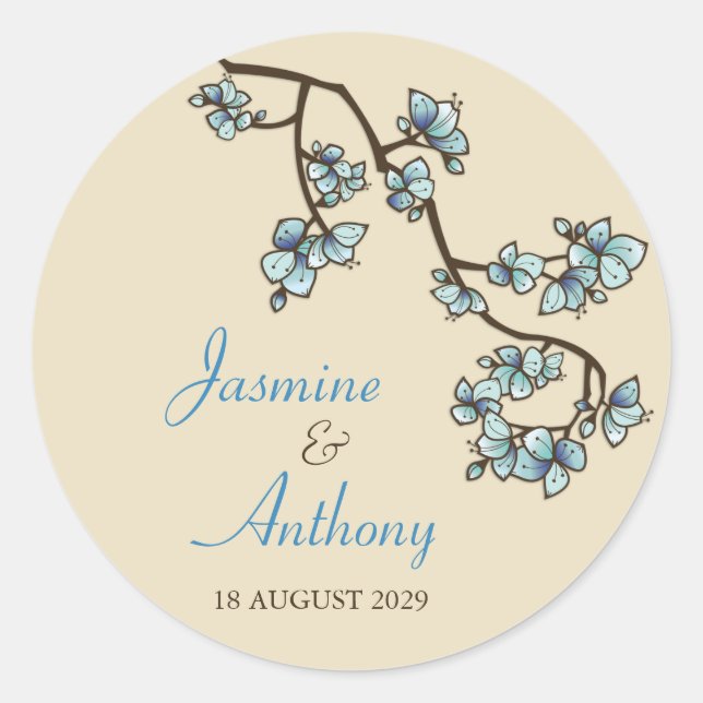 Sticker Rond Blue Peach Blossoms Sakura Modern Asian Mariage (Devant)