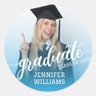 Sticker Rond Blue Personnalisé Graduation Photo Graduate Party