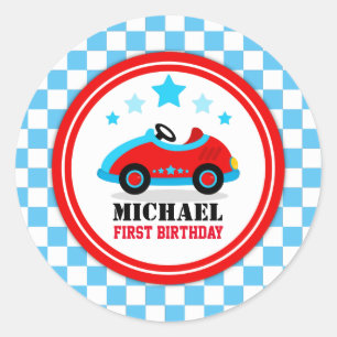 Sticker Rond Blue Race Car Anniversaire Baby shower