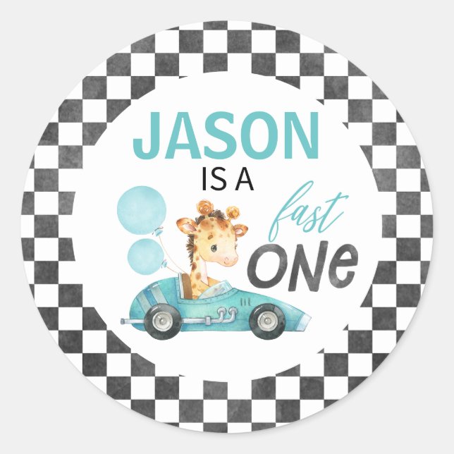 Sticker Rond Blue Racing voiture Giraffe 1er anniversaire (Devant)