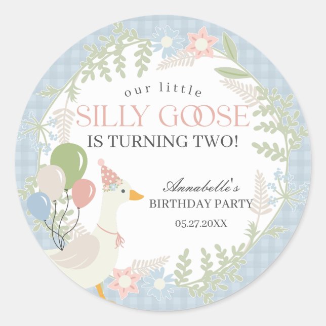 Sticker Rond Blue Silly Goose Floral En vichy Baby shower Faveu (Devant)