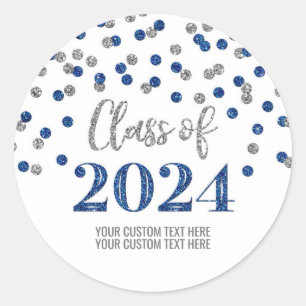 Sticker Rond Blue Silver Confetti Graduation 2024