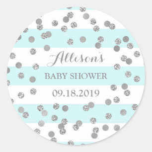 Sticker Rond Blue Stripes Argent Confetti Baby shower Favoriser