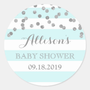 Sticker Rond Blue Stripes Argent Confetti Baby shower Favoriser