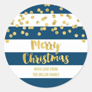 Sticker Rond Blue Stripes Gold Confetti Joyeux Noël personnalis