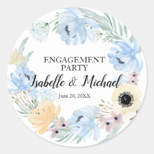 Sticker Rond Blue Watercolor Floral Engagement Party, modifiabl