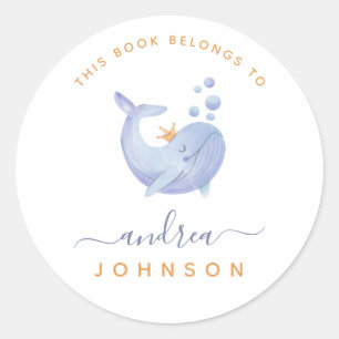 Sticker Rond Blue Watercolor Whale Nautical Ocean Kid Boite