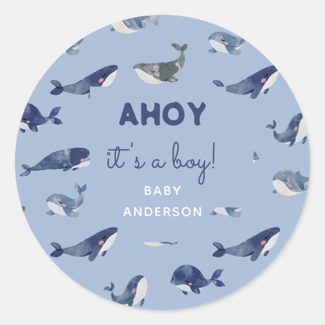 Sticker Rond Blue Whale AHOY C'est un Baby shower garçon (Devant)