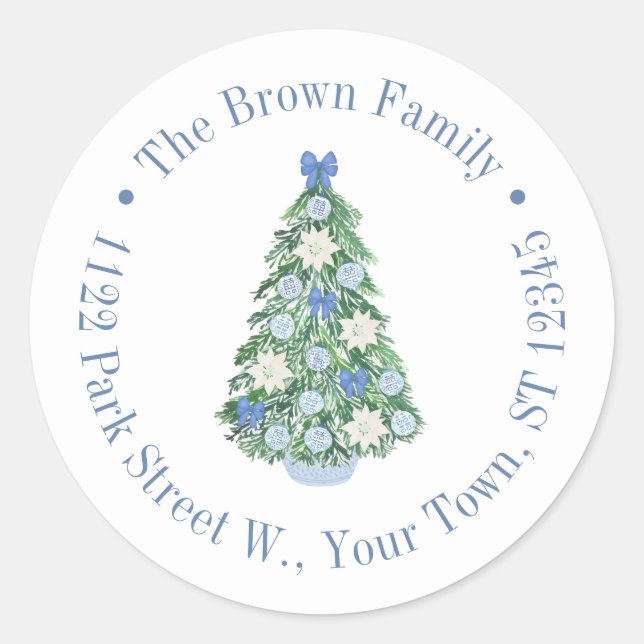 Sticker Rond Blue White Chinoiserie Holiday Tree Adresse de ret (Devant)
