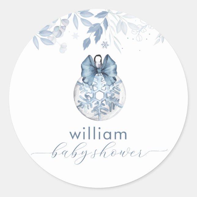Sticker Rond Blue Winter Bow Snowflake Ornament Baby Shower  (Devant)