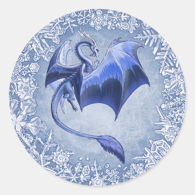 Sticker Rond Blue Winter Dragon Imaginaire Nature Art (Devant)