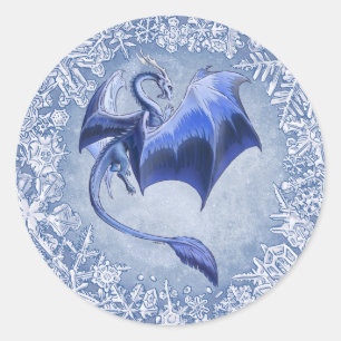 Sticker Rond Blue Winter Dragon Imaginaire Nature Art