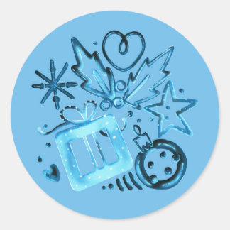 Sticker Rond Blue Winter Gift & Holly, Snowflakes & Noel Vibes
