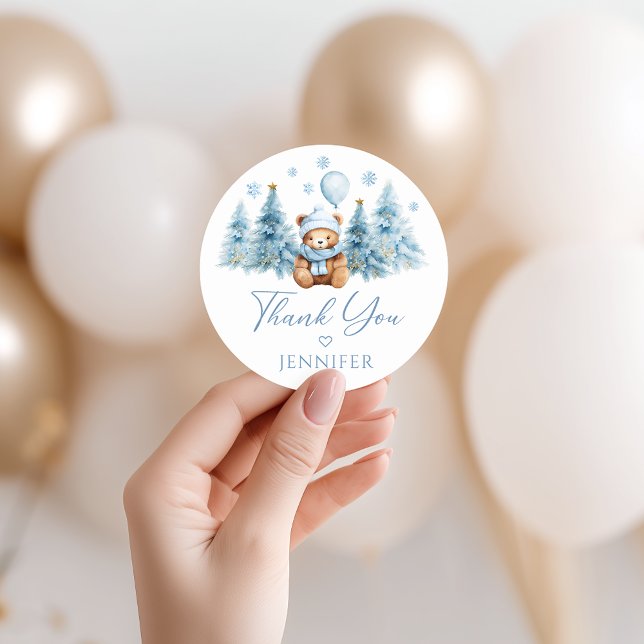 Sticker Rond Blue Winter Teddy Bear Baby Boy Shower Thank You (Créateur téléchargé)