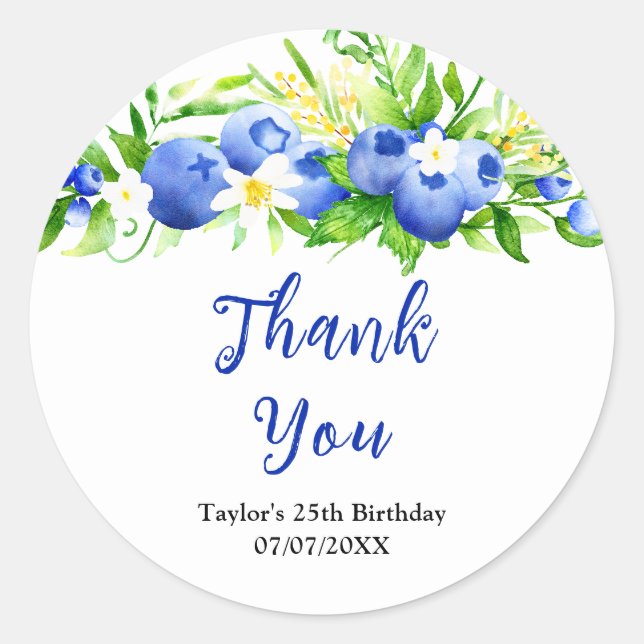Sticker Rond Blueberry Floral Birthday Party Thank You (Devant)