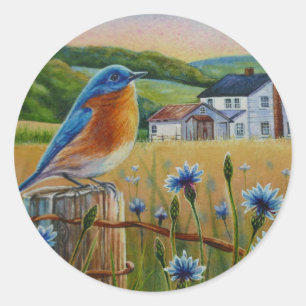 Sticker Rond Bluebird Cornflowers Summer Farm Waterart