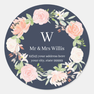 Sticker Rond Blush bleu à fleurs de rose monogrammées Adresse d