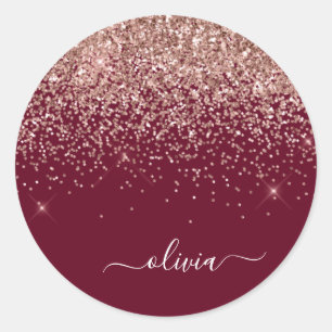 Sticker Rond Blush de Bourgogne Rose Gold Pailleté Monogramme