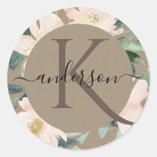 STICKER ROND BLUSH DORÉ RUSTIQUE MONOGRAMME FLEURI A L'AQUARELL