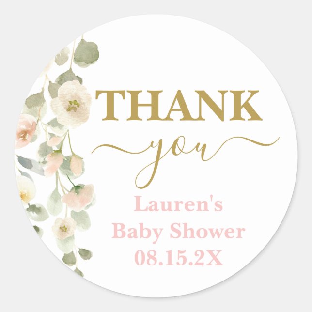 Sticker rond Blush Floral Baby shower Classic (Devant)