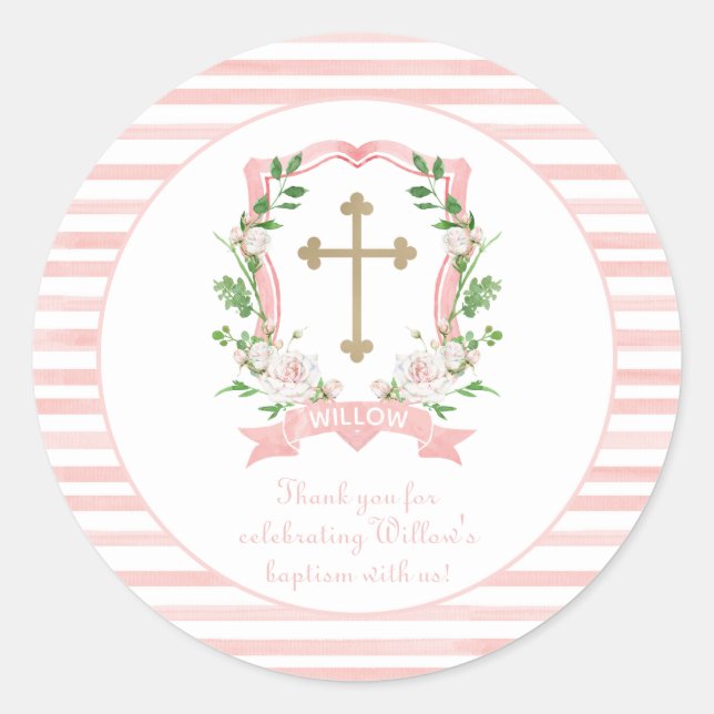 Sticker Rond Blush Floral Baptism Merci (Devant)