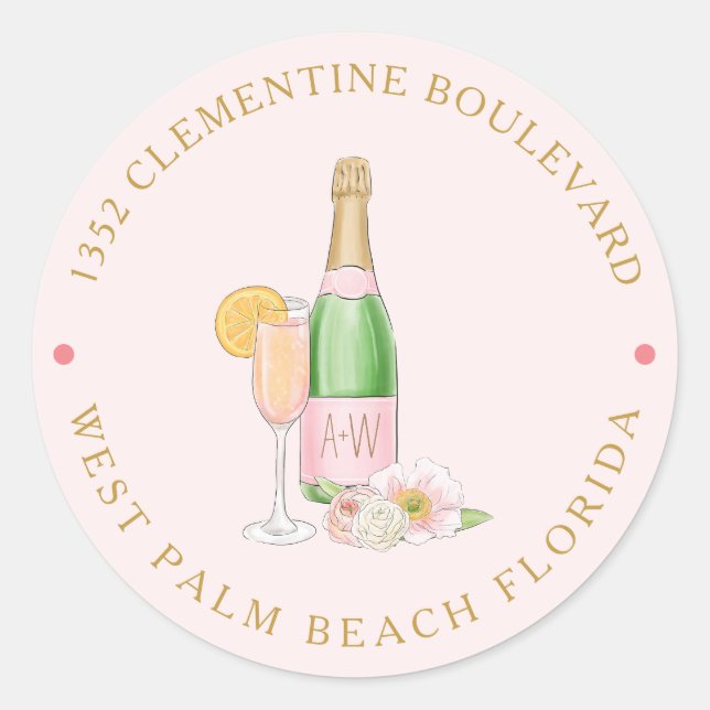 Sticker Rond Blush Floral Champagne Mariage Adresse Classe (Devant)
