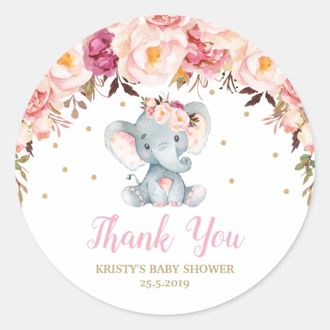 Sticker Rond Blush Floral Elephant Baby shower Anniversaire Fav (Devant)