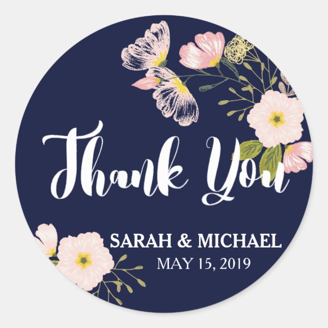 Sticker Rond Blush Floral Gold Frame Marine Blue Custom Wedding (Devant)