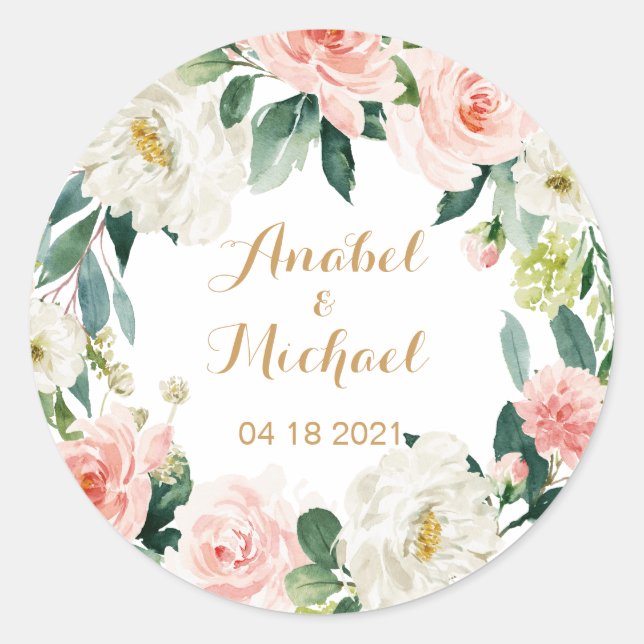 Sticker Rond Blush Floral Personnalisé Romantique (Devant)