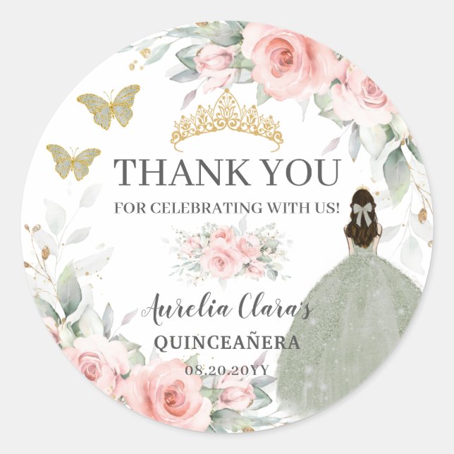 Sticker Rond Blush Floral Sage Vert Or Quinceanera Sweet 16 (Devant)