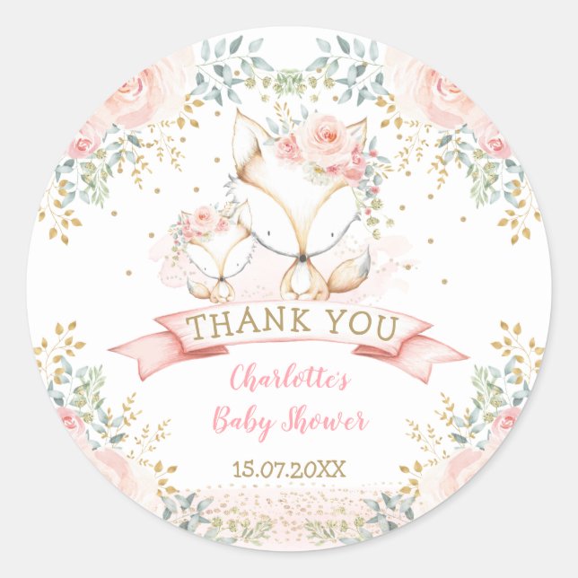 Sticker Rond Blush Gold Floral Fox Boho Woodland Baby shower (Devant)