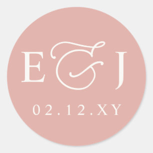 Sticker Rond Blush Moderne Initiales Monogramme Mariage