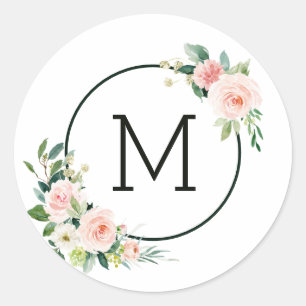 Sticker Rond Blush Pink Aquarelle Fleurs Monogramme