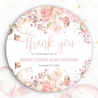 Sticker Rond Blush Pink Baby In Bloom Baby Shower Thank You 