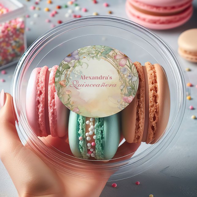 Sticker Rond Blush Pink Floral Quinceanera Celebration (Créateur téléchargé)