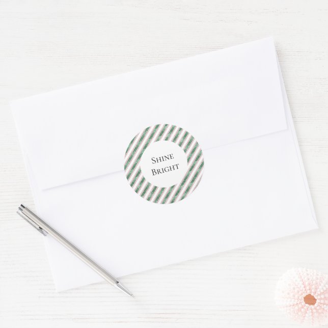 Sticker Rond Blush Pink Green Glitter Stripes  (Enveloppe)