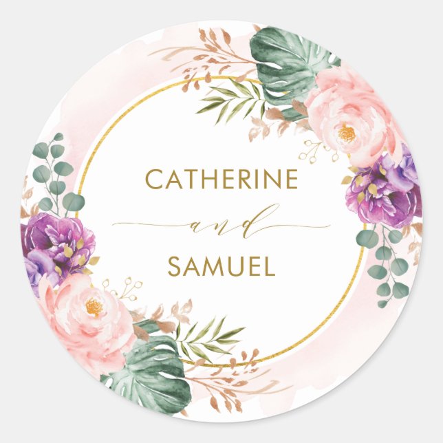 Sticker Rond Blush Purple Tropical Bohème Mariage Floral (Devant)