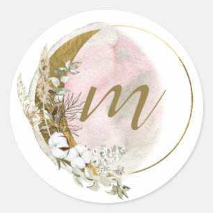 Sticker Rond Blush Rose Doré Monogramme Aquarelle Céleste