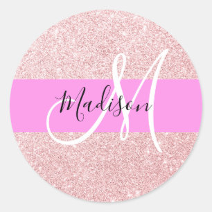 Sticker Rond Blush Rose Glitter Monogramme Rose Doré Pailleté