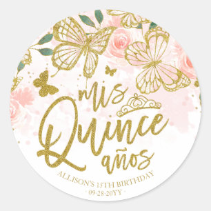 Sticker Rond Blush rose papillon Floral Quinceanera Party