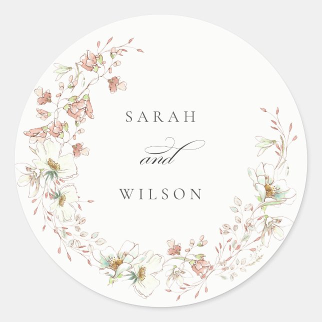 Sticker Rond Blush White Rustic Meadow Floral Wreath Mariage (Devant)