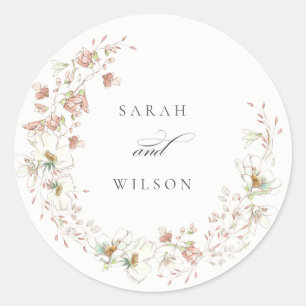 Sticker Rond Blush White Rustic Meadow Floral Wreath Mariage