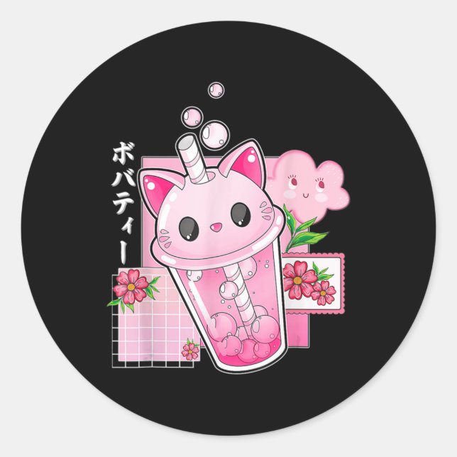 Sticker Rond Boba Thé Chat Bubble Thé Kawaii Anime Japonaise Fi (Devant)