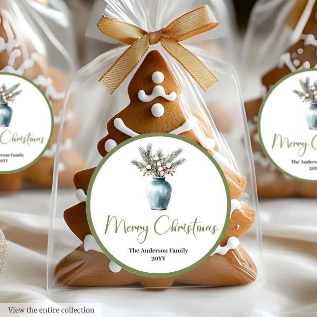 Sticker Rond Bohemian Modern Christmas Bouquet Watercolor Label (Bohemian Modern Christmas Bouquet Watercolor Sticker)