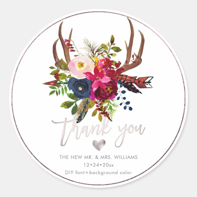 Sticker Rond Boho Antlers+Fleurs Broussailleuses de marine bord (Devant)