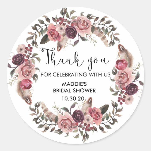Sticker Rond Boho aquarelle  Fleurs Merci pour la douche de mar (Devant)