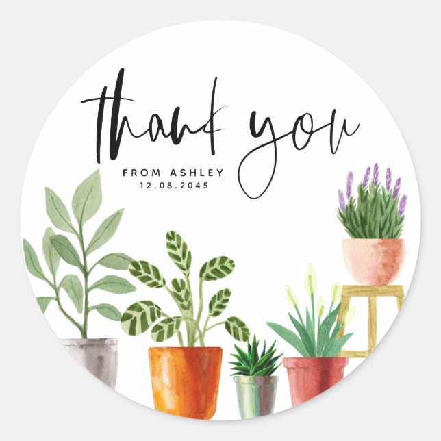 Sticker Rond Boho Aquarelle Poted Houplant Merci (Devant)