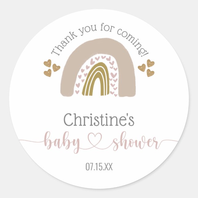 Sticker Rond Boho Arc-en-ciel rose Coeur bébé fille douche Merc (Devant)